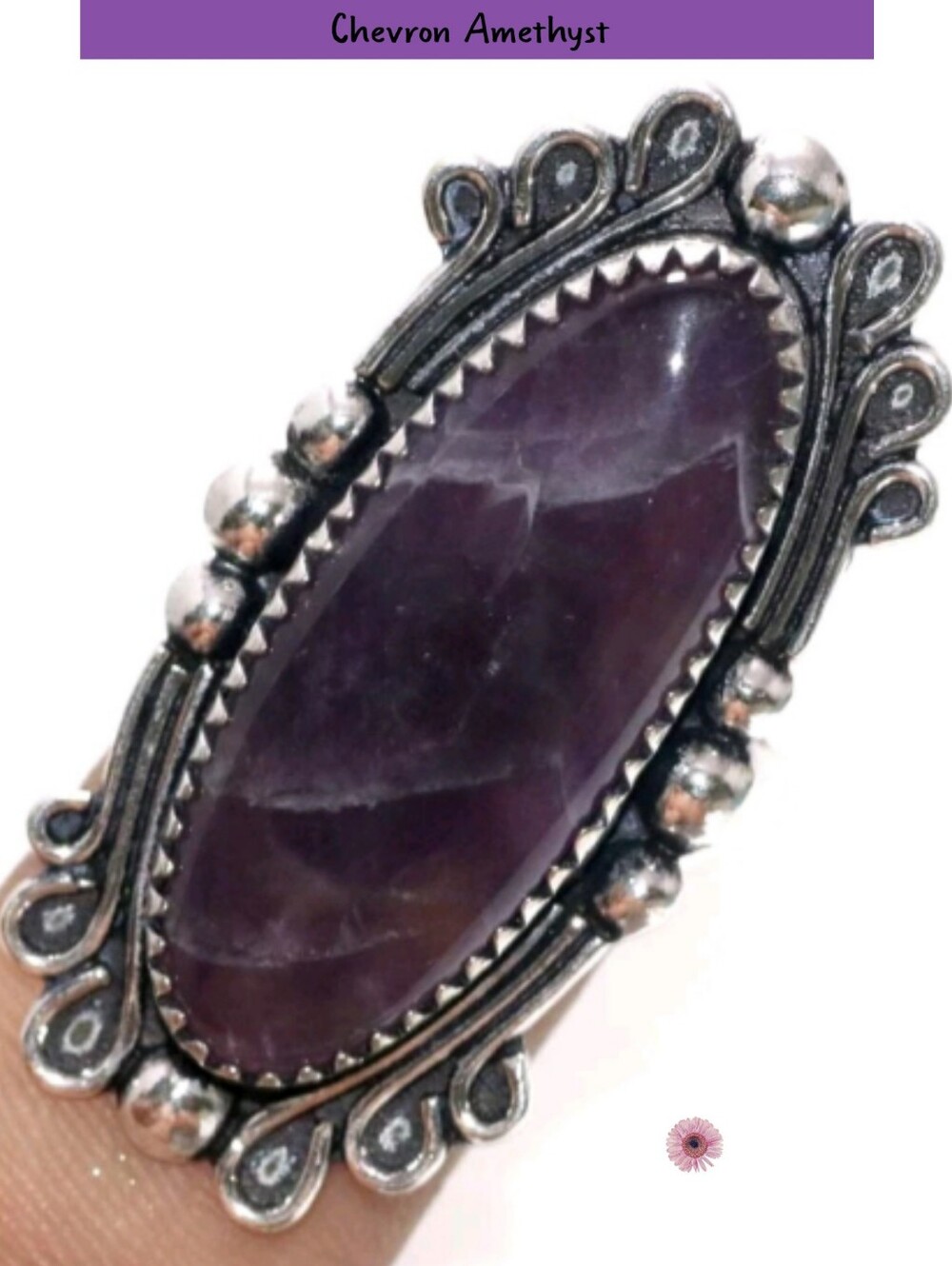 Natural Chevron Amethyst Gemstone Chunky Handmade Vintage Style Halo Ring - Picture 5 of 8